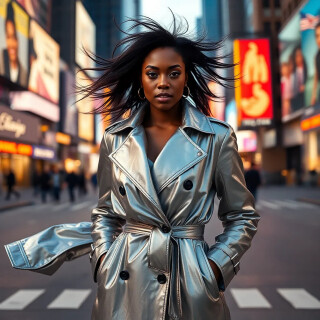 Editorial portrait of a confident black woman in a flowing metallic silver trench coat, wind in hair, Times-Square neon reflections” · Cinematic · shallow DOF, rim-light · Kodak Porta emulation