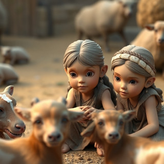 3 Little girls playing in the year 500 BC, realistic, domestic animals around the 3 girls