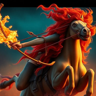 Merida loosing a flaming arrow that splinters a target mid-gallop, stallion rearing, her hair a wild crimson blaze, fierce independence
