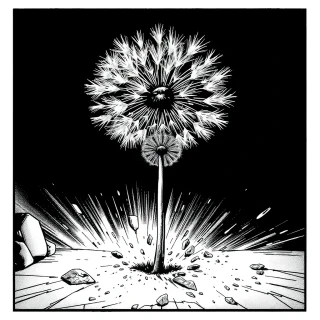 “Heroic dandelion breaking through concrete, bold ink outlines, halftone gradients, explosive action lines, comic book”