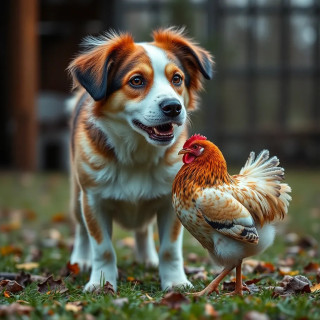 beautiful dog playing with a chicken