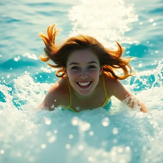 “Ariel rocketing upward through sunlit ocean, trail of bubbles, face alight with hope as she reaches for the surface”