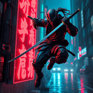 Create only one cinematic image of a cyberpunk samurai mid-leap, slashing through a neon sign, rain and sparks flying, 8K resolution.