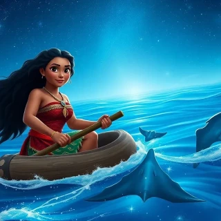 “Moana steering her wayfinding raft through bioluminescent seas, manta rays beneath, sky blazing with stars, steadfast determination”