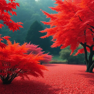 Serene Japanese maple garden in peak autumn, fiery red leaves carpet ground, soft diffused light, Oil painting