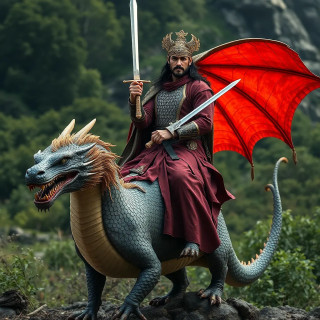 Ancient prince holding a sword and riding dragon, ultra realistic, medium shot