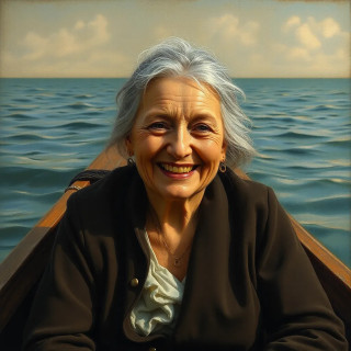 Old woman smiling in  boat in the sea, oil painting