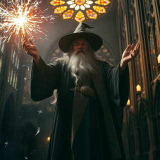 Wizard summoning a storm inside a cathedral, stained glass shattering outward in slow motion, divine energy crackling.