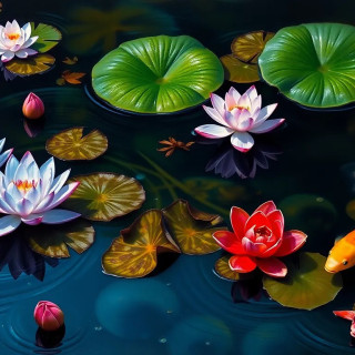 Zen koi pond dotted with blooming sacred blue lotus (Nymphaea caerulea), pink Nelumbo komarovii, and jewel-toned mosaic plant (Ludwigia sedioides) rosettes, tranquil ripples, oil painting