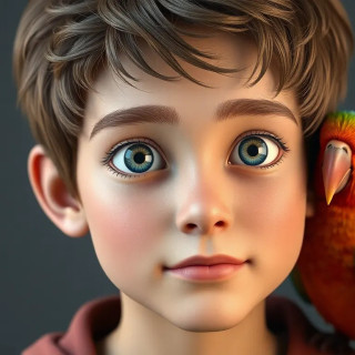 A very beautiful 10 years old boy with grey eyes,  a colorful bird on his shoulder