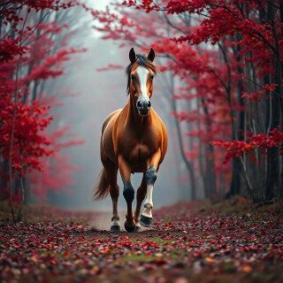 Horse running in a forest with red trees