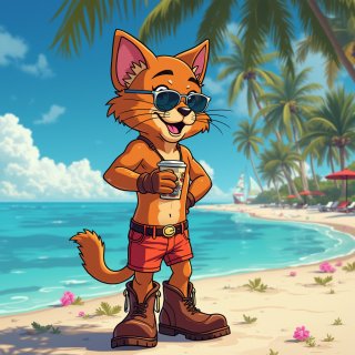 Puss in Boots cartoon character enjoying his holiday in miami beach