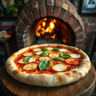 “Neapolitan margherita pizza fresh from a wood-fired oven, gooey mozzarella stretch, basil leaves still sizzling, cozy trattoria backdrop, photographic, shallow depth-of-field”