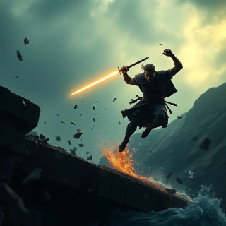 A warrior leaping off a collapsing bridge, sword glowing with energy, debris flying in slow motion—cinematic lighting, hyper-detailed.
