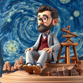 A stylized, cartoonish figure of a man, likely Vincent van Gogh, sits on a small, sculpted platform.  He is middle-aged, light-skinned, and has a thick, dark brown beard and curly dark hair. He wears glasses, a light gray suit jacket, a brown waistcoat, and light gray pants.  He is seated, leaning slightly forward, with his hands resting on his legs. His expression is contemplative and slightly upward-directed, not directly at the viewer. The figure is positioned centrally in the image.  The man's orientation is slightly angled towards the viewer, though not directly facing.  The background evokes Van Gogh's "The Starry Night," with swirling blues and grays, and scattered stars.  A small, dark brown figurine, potentially a telescope or other instrument, sits atop a wooden stool that the man is seated beside, further adding to the theme.  The platform depicting a landscape includes sculpted stylized trees, mountains, and small, architectural elements, creating a miniature city or landscape.  The image is lit from above, casting soft shadows, and has a muted color palette. The style is three-dimensional, cartoonish, and stylized, with a focus on detailed sculpting and textures.  The composition is a detailed, thoughtful portrait in a whimsical artistic setting.