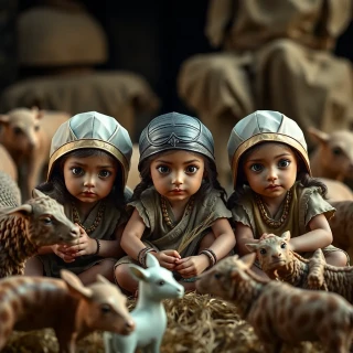 3 Little girls playing in the year 500 BC, realistic, domestic animals around the 3 girls