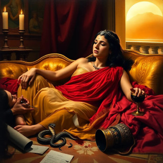 A dramatic, emotionally charged scene of Cleopatra VII's suicide in her Alexandrian palace, 30 BCE. The last Pharaoh of Egypt, a beautiful yet weary woman with Hellenistic features (copper skin, wavy black hair, a diadem resting askew on her brow), lies lifeless on a golden couch, draped in sheer crimson and gold linen. A small, venomous Egyptian cobra slithers away from her bare arm, its bite marked by twin punctures. Her hand clutches a rolled papyrus scroll—Caesar’s sealed letter—while a shattered goblet spills wine like blood onto the mosaic floor. Around her, two distraught handmaidens (one Nubian, one Greek) collapse in grief, their robes disheveled, one holding a discarded asp basket. The opulent chamber is bathed in torchlight, its Ptolemaic frescoes fading into shadow as dawn breaks through the balcony, symbolizing Rome’s impending conquest. The composition echoes Baroque paintings—rich colors, chiaroscuro lighting, and tragic grandeur.