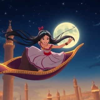 Aerial shot of Aladdin and Jasmine on the magic carpet diving between Agrabah’s moonlit minarets, hair whipping in the wind, sparkling night sky, exhilarated laughter