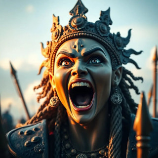 Angry war Godess laughing in sky view, warriors are scared of the Godess