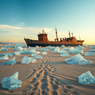 A desert of frozen waves: sand turned to glass by an ancient heat, with shipwrecks suspended mid-crash.