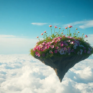 Flowers growing out of a floating island in the sky, clouds beneath, fairytale aesthetic.
