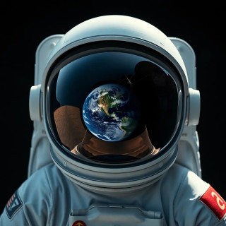 Generate one single heartbreaking image of an astronaut’s helmet floating in space, reflecting a distant Earth, with a cracked visor