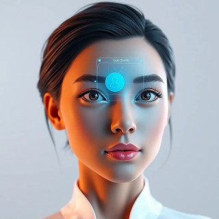 An advanced AI assistant interface glowing on a translucent display, interpreting voice and touch gestures, with data visualization and adaptive layout changes in real-time. The background is minimal, focusing on futuristic elegance