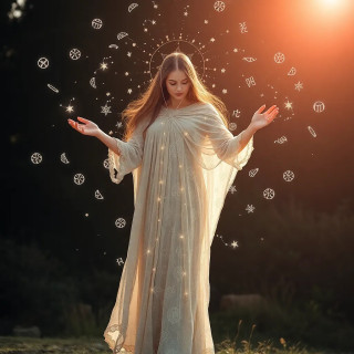 A celestial weaver spinning constellations into a cloak, surrounded by floating ancient runes, ethereal and luminous.
