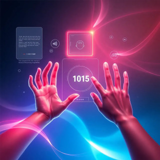 A modern, elegant digital interface with glowing soft edges, floating UI elements, and intuitive navigation — a futuristic user experience concept shown from a slightly angled top-down view. The scene includes human hands interacting naturally with the interface, surrounded by ambient lighting, clean gradients, and abstract motion trails symbolizing speed and ease of use. The overall mood is sleek, innovative, and inviting