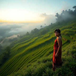 “Glistening rice terraces of Bali at dawn, mist rising from valley, leading S-curve pattern, wide dynamic range, photographic”