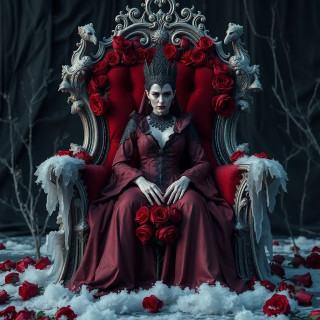 A vampiric queen sitting on a throne of frozen roses, her reflection in a mirror shows her true monstrous form.