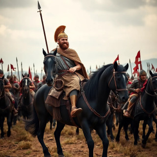 Alexander the Great is riding his black horse, going to war with his scaring army. Ulra-detailed.
