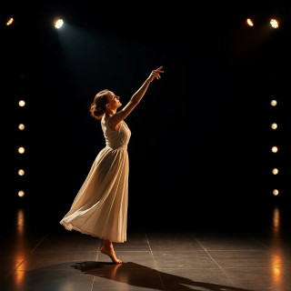 Dancer reaching for their partner’s hand mid-performance, stage lights casting dramatic shadows, frozen in emotion.