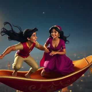 Aerial shot of Aladdin and Jasmine on the magic carpet diving between Agrabah’s moonlit minarets, hair whipping in the wind, sparkling night sky, exhilarated laughter