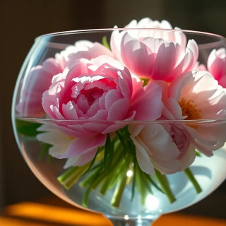 A bouquet of peonies submerged in a glass bowl, sunlight refracting through the water, creating dreamy light patterns, photorealistic.