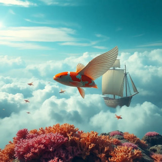 A coral reef in the clouds, populated by winged koi fish and pirates sailing ships with silk sails dyed by auroras.