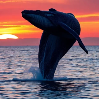 “Pair of humpback whales breaching in sync against fiery sunset, crimson sky reflecting on calm Pacific, wide 16 mm perspective, photographic, panoramic view”