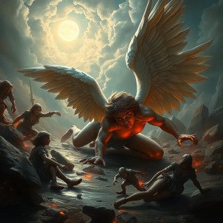 Fallen angel crawling from wreckage, one wing broken, reaching toward a distant heaven—baroque and tragic.