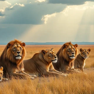 “Pride of lions resting on golden Serengeti plain beneath thunderheads, rain shafts in far distance creating dramatic contrast, cinematic color grade, photographic, panoramic view”