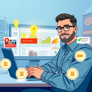 A modern, professional hero illustration showing a confident web design agency owner at a laptop, with a large digital dashboard on the screen displaying Google Maps pins turning into glowing gold leads. Floating around are website screenshots: one broken mobile site (red overlay with issues highlighted), one clean modern website (green checkmarks), opportunity score badges (85/100), and personalized message bubbles. Subtle background of local businesses like a roofer truck, landscaper, and restaurant. Clean blue and green tech colors, futuristic but approachable, high resolution, cinematic lighting