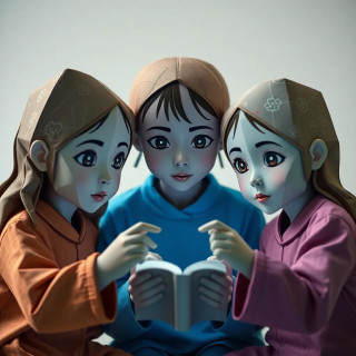 3 girls playing, origami style