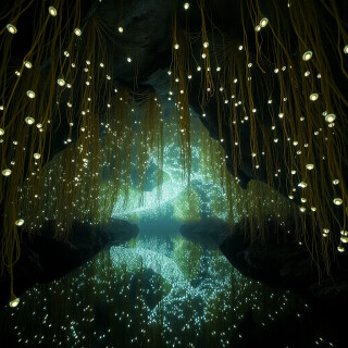 A cavern where thousands of thread-like vines hang from the ceiling, each tipped with a tiny bioluminescent orb. The air hums with floating spores, and the ground is a mirror-like pool doubling the light. Feels like walking through a living galaxy. Ethereal and dreamlike.