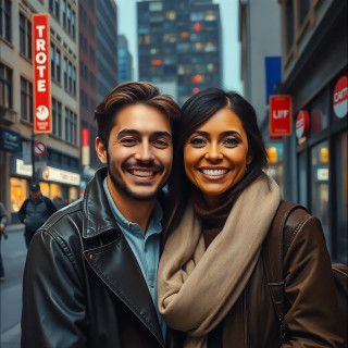 Happy couple in Toronto streets, oil painting