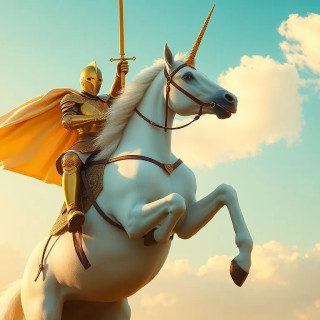 A knight in shining gold armor rides a magnificent white unicorn. The knight, positioned slightly to the right of center, is mid-stride, with a triumphant pose, holding a golden sword aloft.  His armor is detailed, showcasing intricate patterns and gleaming surfaces. He wears a flowing, off-white cape that billows behind him. The unicorn is a pure white, with a large horn on its forehead.  The horse is in a dynamic, rearing pose, with all four legs off the ground. The background features a pale blue sky dotted with soft, fluffy white clouds.  Warm, golden light bathes the scene, creating a dramatic and heroic atmosphere. The image has a stylized, somewhat romanticized aesthetic, evoking a sense of fantasy and adventure. The perspective is slightly from below, emphasizing the height and grandeur of the scene.  The composition is balanced, focusing attention on the knight and unicorn in the foreground against the sky. Shot from 25 feet, not cropped