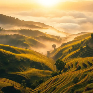 Glistening rice terraces of Vietnam at dawn, mist rising from valley, leading S-curve pattern, wide dynamic range, oil painting