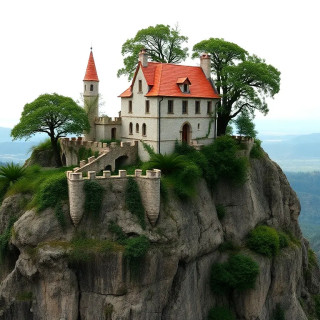 A fairytale castle perched atop a dramatic cliff face.  The castle, with terracotta-colored roofs and light gray stone walls, has two small, pointed towers.  Trees, lush and full of foliage, grow from the cliff's edge and around the castle's perimeter.  The cliff face is rugged and uneven, with rocky outcroppings and cascading plant life that seem to hang from the edge.  The cliff extends outward over a valley, with distant hills and a pale sky visible beyond. The lighting suggests a serene, daytime atmosphere with soft, diffused light.  The overall composition is symmetrical with the castle centered on the cliff, showcasing a sense of otherworldly beauty and fantasy.  The perspective is a slightly high angle, looking down on the castle and cliff, emphasizing its precarious position.  The colors are muted and harmonious, with shades of gray, brown, green, and terracotta.  The style is artistic and evocative of a fantasy landscape, blending realistic elements with a touch of whimsy.