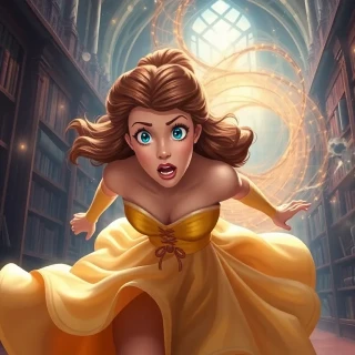Belle sprinting through enchanted castle library as enchanted books swirl into a protective vortex, shocked awe on her face