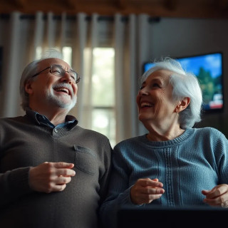 old couple laughing and watching tv