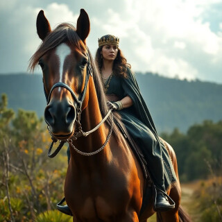 Ancient queen riding her horse in the forest