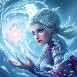 “Elsa summoning an ice cyclone on a frozen fjord, swirling shards catching moonlight, wind-tossed braid, expression of focused empowerment”